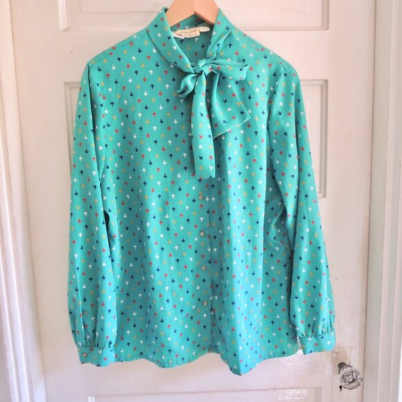 Vintage Florence Alper Neiman Marcus Teal Print Bow Blouse 18 (L/XL) - Picture 2 of 10